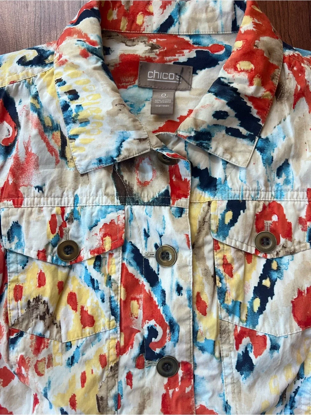 Chico's Multicolor Abstract Print Jean Jacket — Red, Blue & Yellow